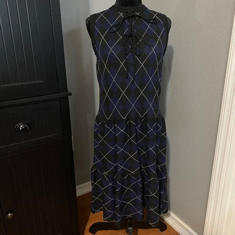 Argyle Knit‎ Sweater Dress Small Plaid Sleeveless Preppy Black Navy Y2K Retro